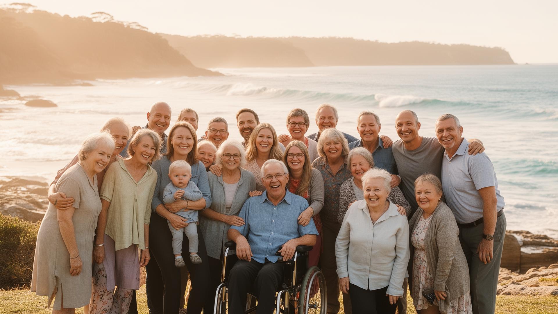 Diverse Illawarra families and carers smiling together by the coast
